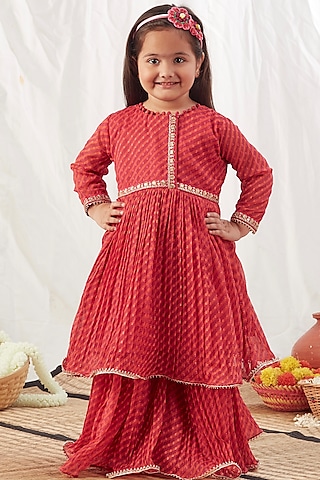 Red Chiffon Printed Lehenga Set For Girls by Vivedkids