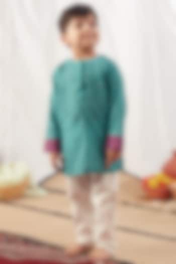 Turquoise Printed Kurta Set For Boys by Vivedkids
