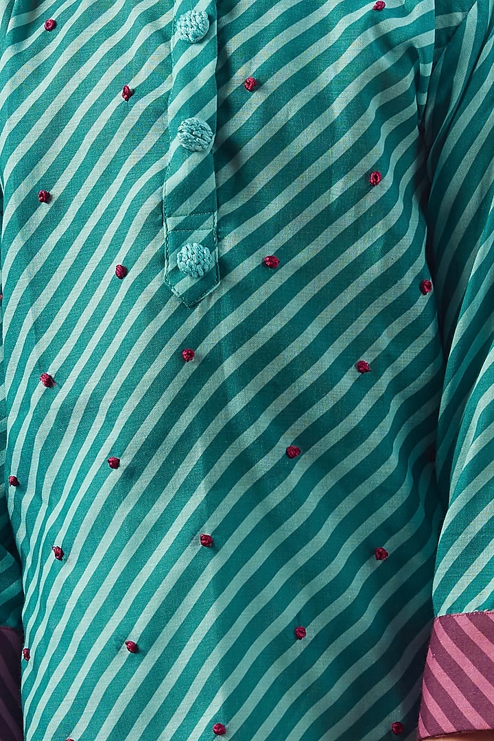 Turquoise Cotton Printed Kurta Set For Boys by Vivedkids at Pernia's Pop Up Shop