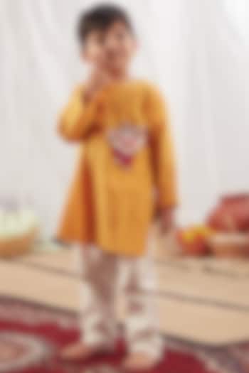 Yellow Embroidered Kurta Set For Boys by Vivedkids