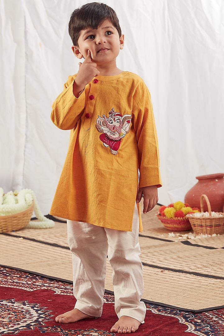 Yellow Embroidered Kurta Set For Boys by Vivedkids