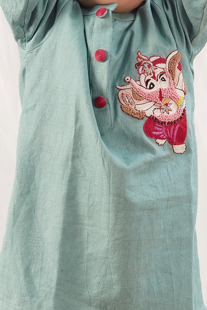 Blue Khadi Cotton Embroidered Kurta Set For Boys by Vivedkids at Pernia's Pop Up Shop