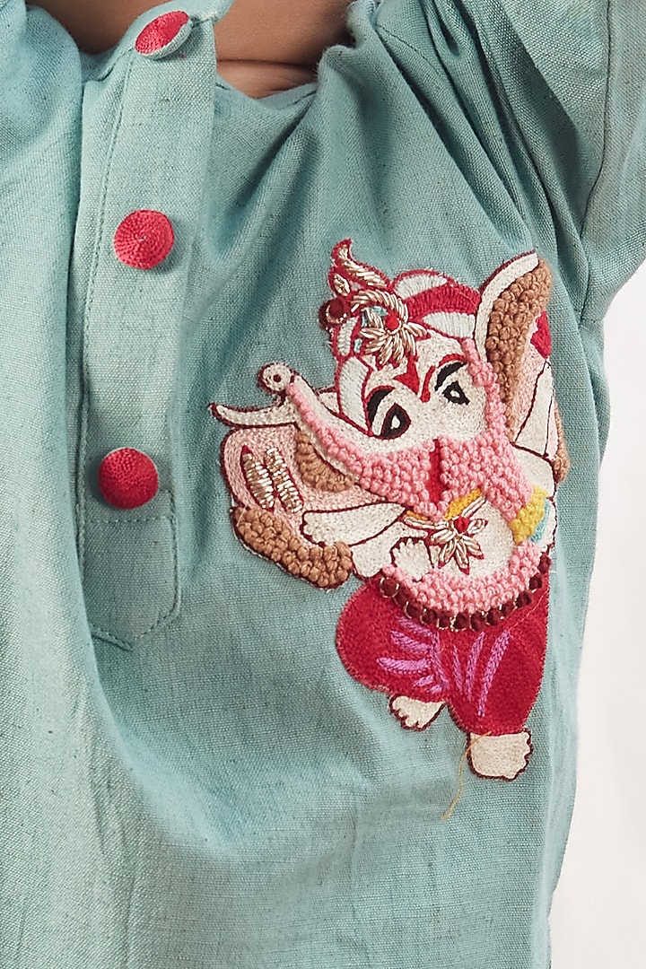 Blue Khadi Cotton Embroidered Kurta Set For Boys by Vivedkids at Pernia's Pop Up Shop