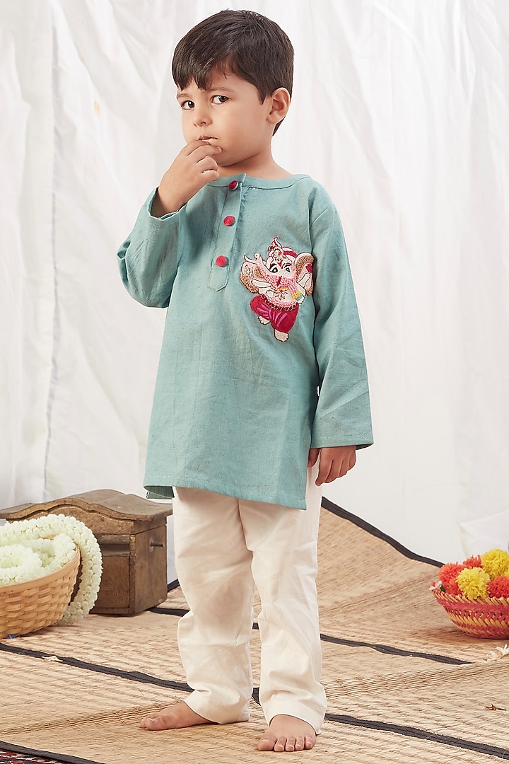 Blue Khadi Cotton Embroidered Kurta Set For Boys by Vivedkids at Pernia's Pop Up Shop