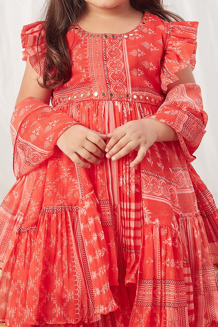 Red Chiffon Block Printed Lehenga Set For Girls by Vivedkids at Pernia's Pop Up Shop