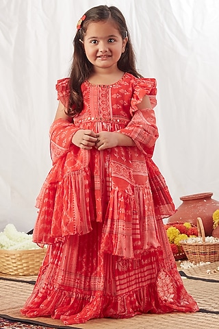 Red Chiffon Block Printed Lehenga Set For Girls by Vivedkids