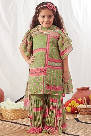 Green Chiffon Printed Sharara Set For Girls by Vivedkids