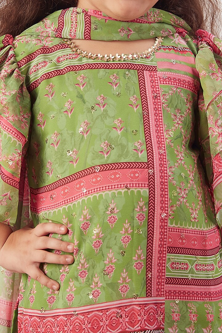 Green Chiffon Printed Sharara Set For Girls by Vivedkids at Pernia's Pop Up Shop