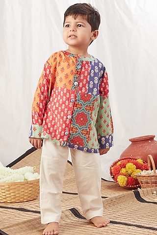 Multi-Coloured Cotton Printed Kurta Set For Boys by Vivedkids