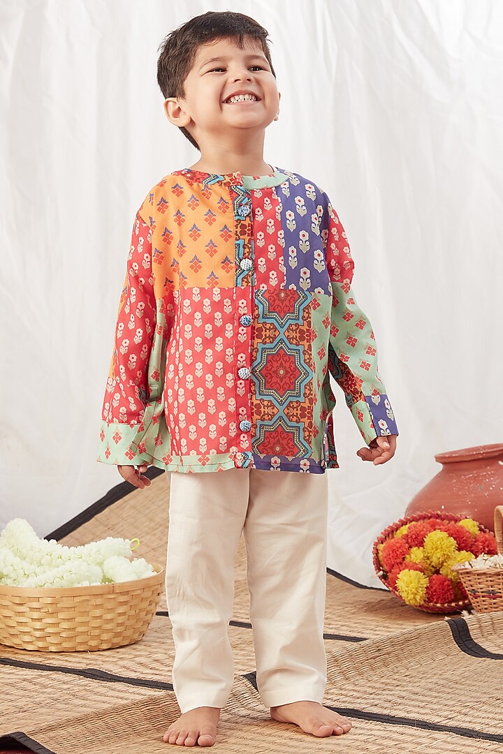 Multi-Coloured Cotton Printed Kurta Set For Boys by Vivedkids at Pernia's Pop Up Shop