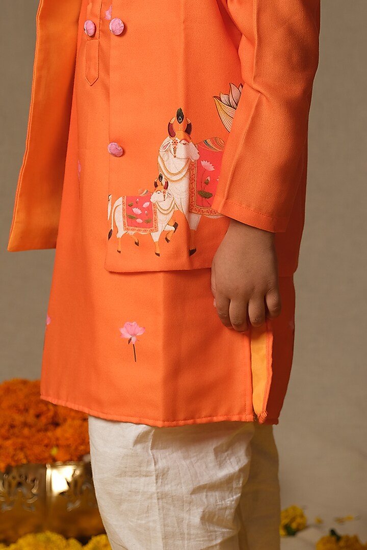Orange Cotton Printed Nehu Jacket Set For Boys by Vivedkids at Pernia's Pop Up Shop