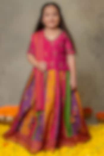 Multi-Colored Art Silk Mirror Embroidered Lehenga Set For Girls by Vivedkids