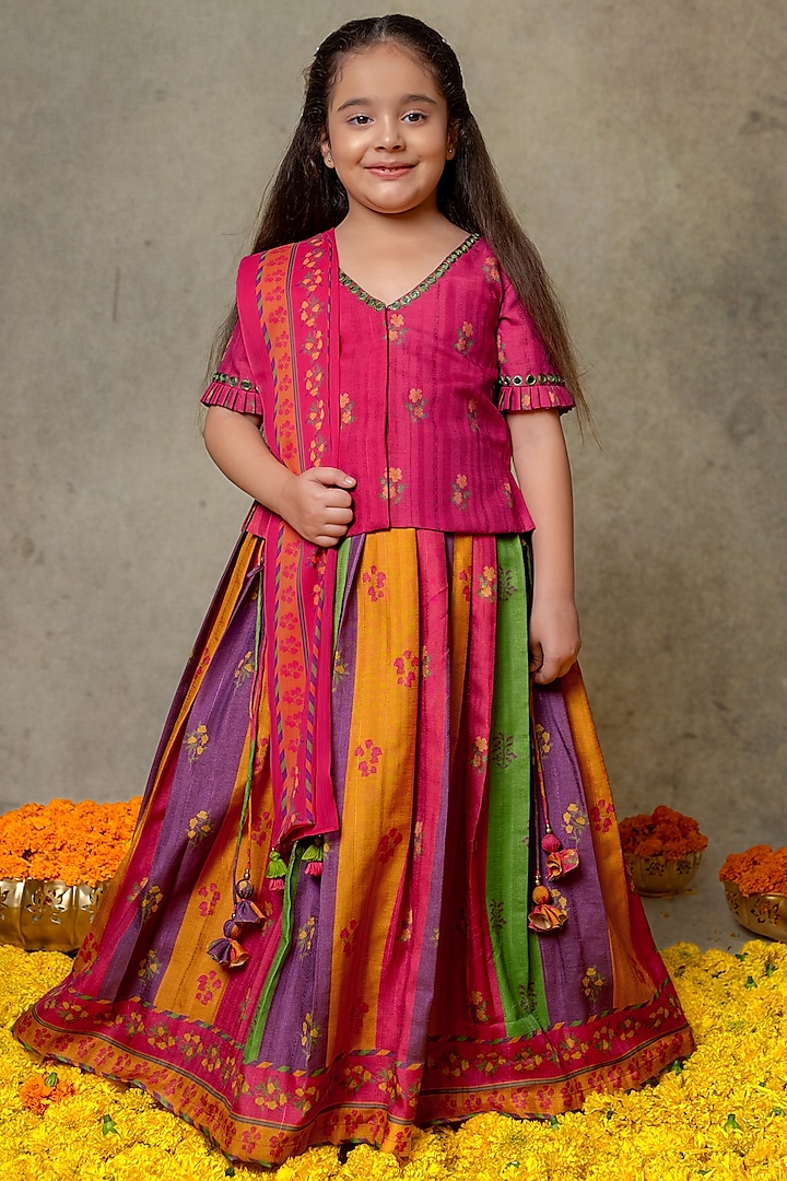 Multi-Colored Art Silk Mirror Embroidered Lehenga Set For Girls by Vivedkids