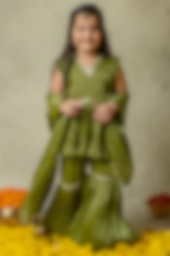Olive Green Tissue Sharara Set For Girls by Vivedkids
