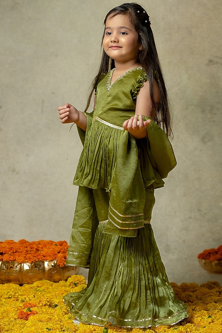 Girls Olive Viscose Print Top & Sharara Set