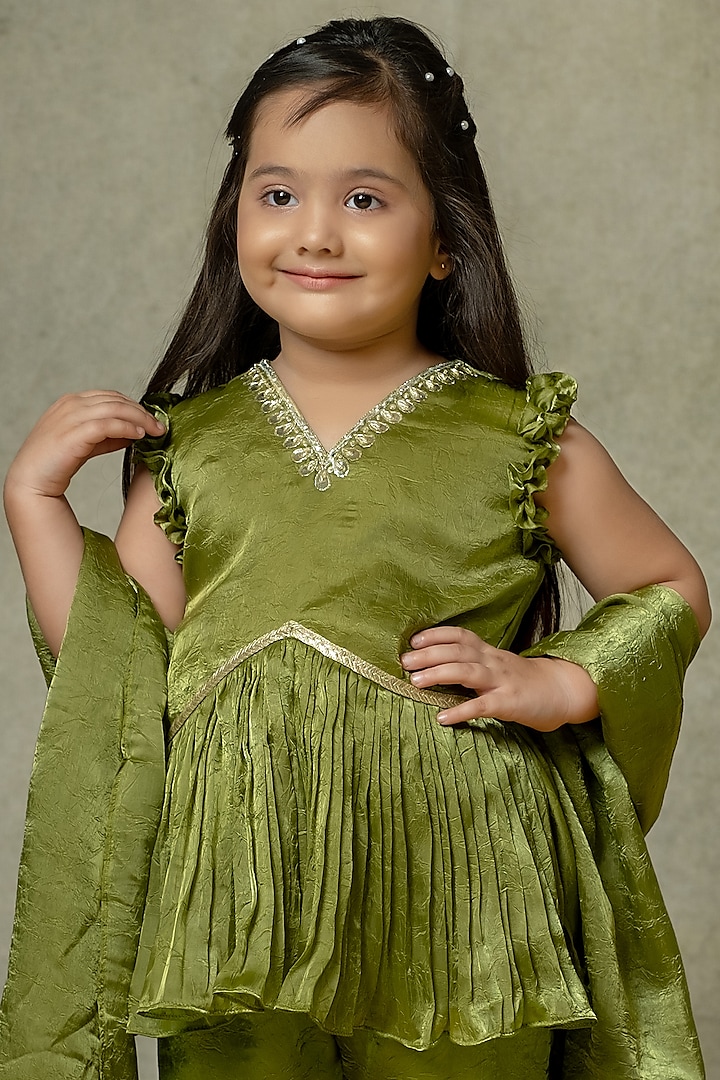 Olive Green Tissue Sharara Set For Girls by Vivedkids at Pernia's Pop Up Shop