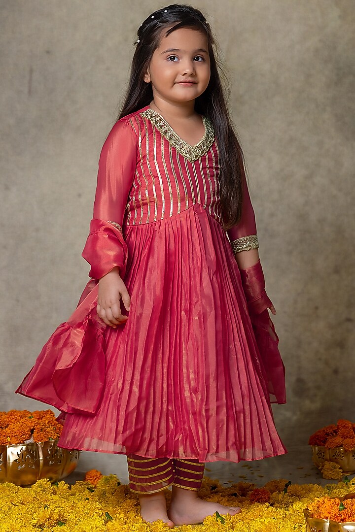 Pink Tissue Gota Embroidered Anarkali Set For Girls by Vivedkids at Pernia's Pop Up Shop