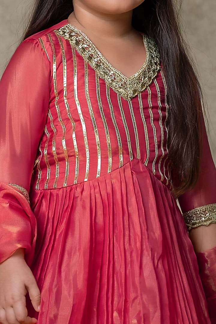 Pink Tissue Gota Embroidered Anarkali Set For Girls by Vivedkids at Pernia's Pop Up Shop