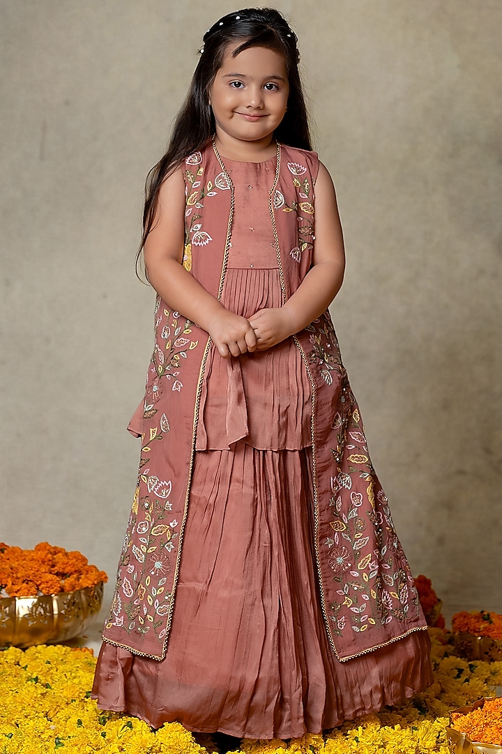 Onion Pink Georgette Satin Hand Embroidered Jacket Lehenga Set For Girls by Vivedkids