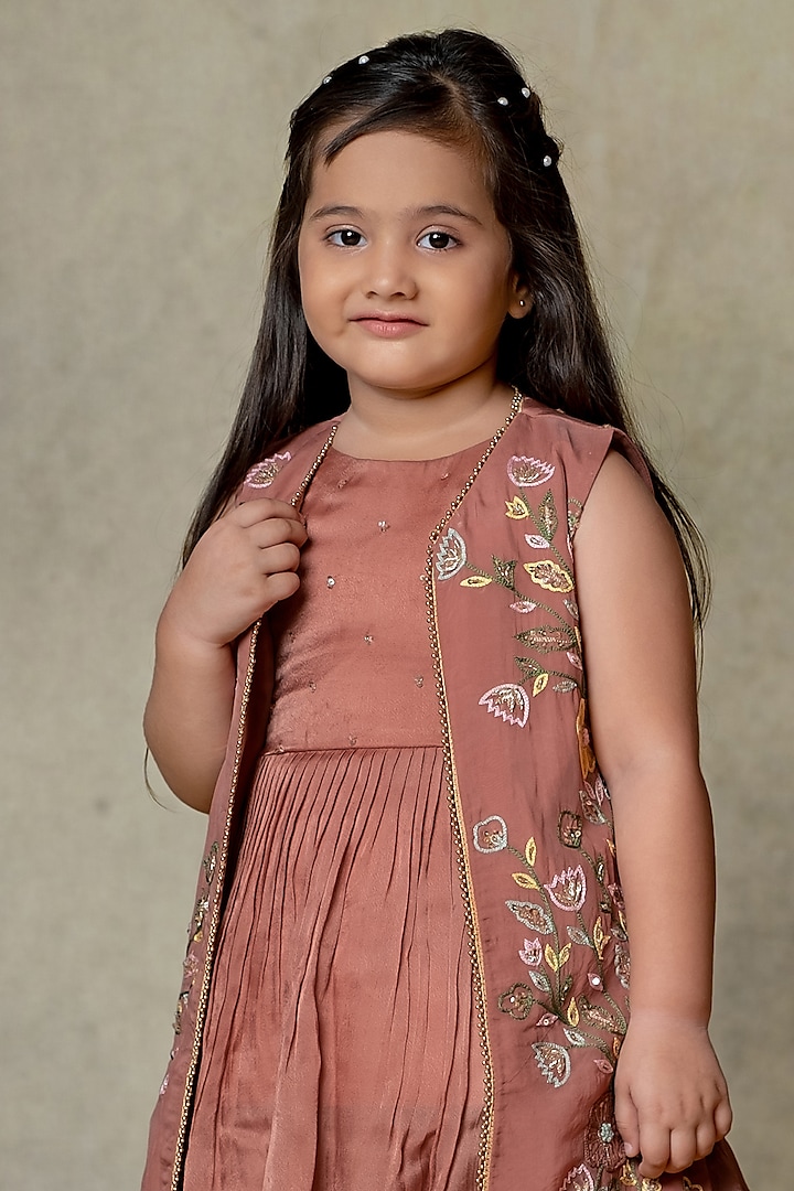 Onion Pink Georgette Satin Hand Embroidered Jacket Lehenga Set For Girls by Vivedkids at Pernia's Pop Up Shop