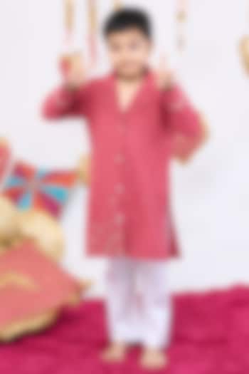 Rust Cotton Handwork Kurta Set For Boys by Vivedkids at Pernia's Pop Up Shop