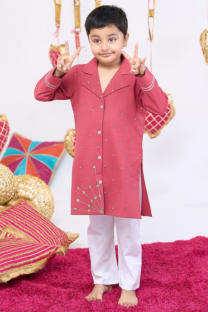 Rust Cotton Handwork Kurta Set For Boys by Vivedkids at Pernia's Pop Up Shop