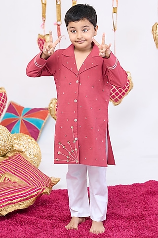 Rust Cotton Handwork Kurta Set For Boys by Vivedkids