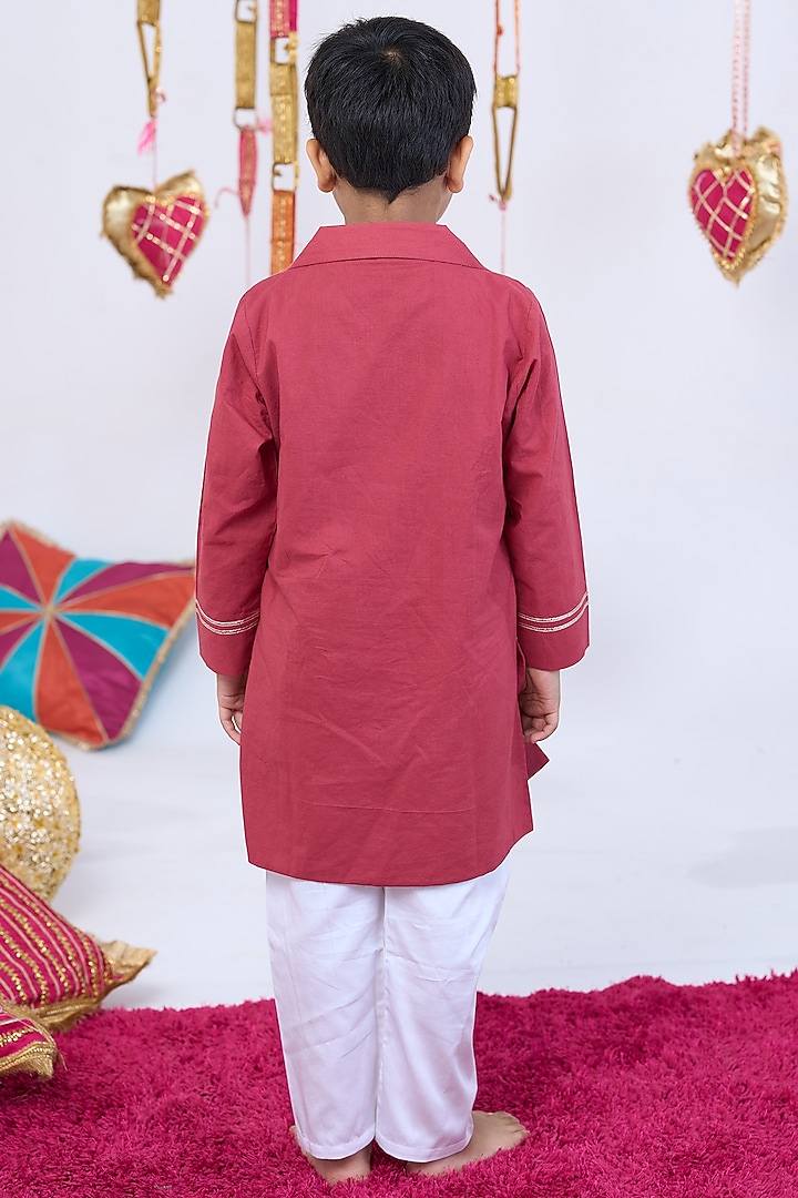 Rust Cotton Handwork Kurta Set For Boys by Vivedkids at Pernia's Pop Up Shop
