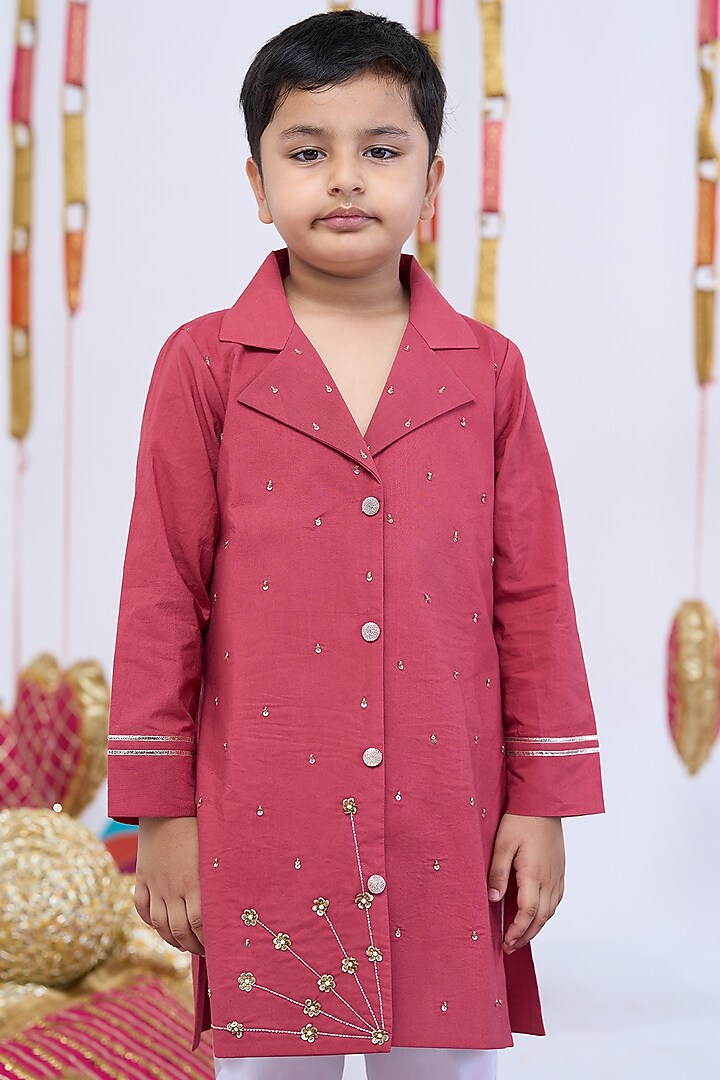 Rust Cotton Handwork Kurta Set For Boys by Vivedkids at Pernia's Pop Up Shop