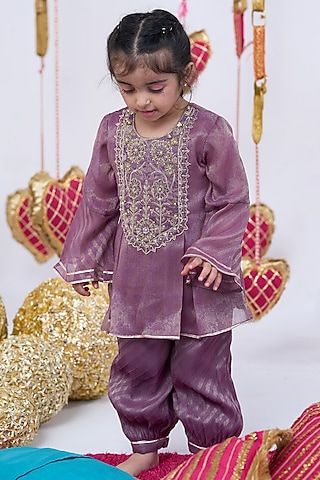 Purple Tissue handwork Kurta Set For Girls by Vivedkids
