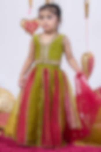 Red & Green Tissue Metalwork Lehenga Set For Girls by Vivedkids at Pernia's Pop Up Shop
