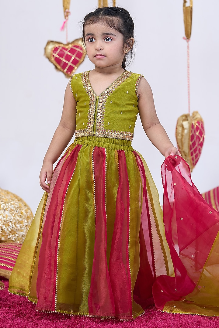 Red & Green Tissue Metalwork Lehenga Set For Girls by Vivedkids at Pernia's Pop Up Shop