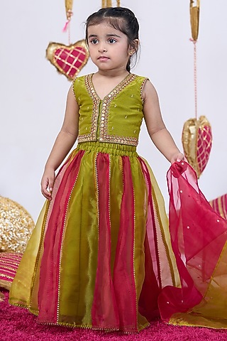 Red & Green Tissue Metalwork Lehenga Set For Girls by Vivedkids