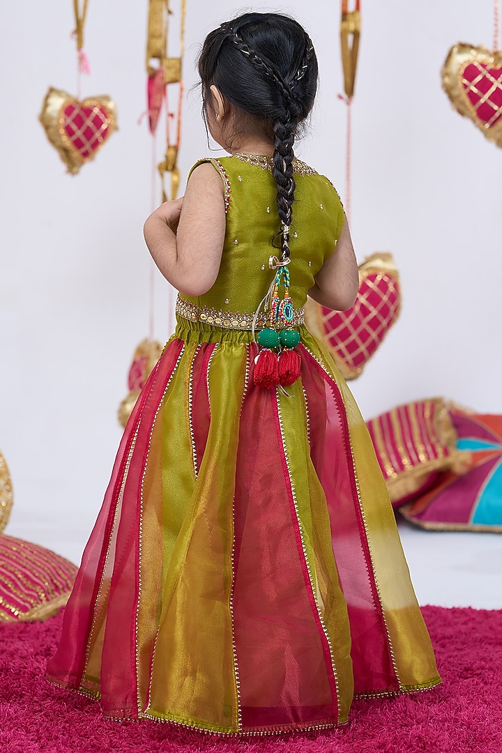 Red & Green Tissue Metalwork Lehenga Set For Girls by Vivedkids at Pernia's Pop Up Shop
