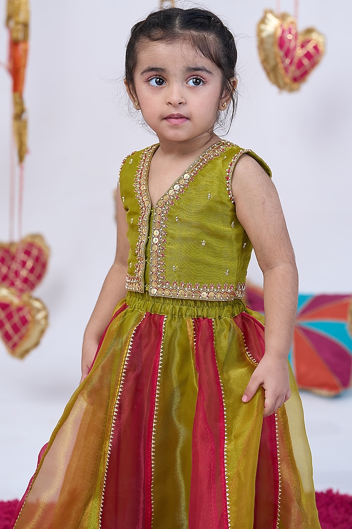 Red & Green Tissue Metalwork Lehenga Set For Girls by Vivedkids at Pernia's Pop Up Shop