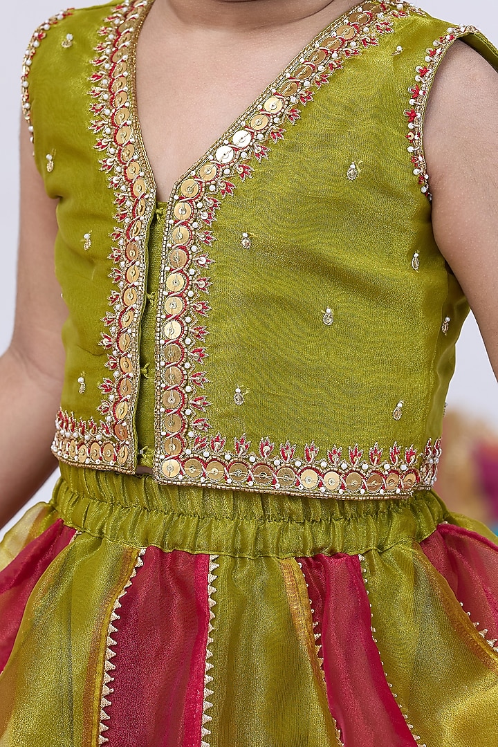 Red & Green Tissue Metalwork Lehenga Set For Girls by Vivedkids at Pernia's Pop Up Shop