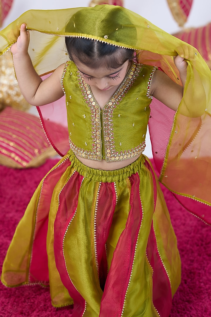 Red & Green Tissue Metalwork Lehenga Set For Girls by Vivedkids at Pernia's Pop Up Shop