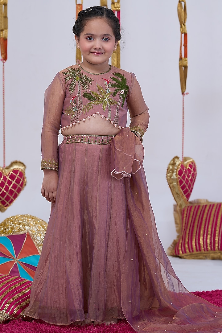 Onion Pink Tissue Lehenga Set For Girls by Vivedkids at Pernia's Pop Up Shop