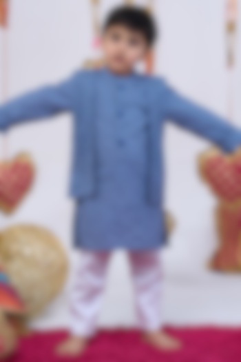Blue Cotton Handwork Bundi Jacket Set For Boys by Vivedkids at Pernia's Pop Up Shop