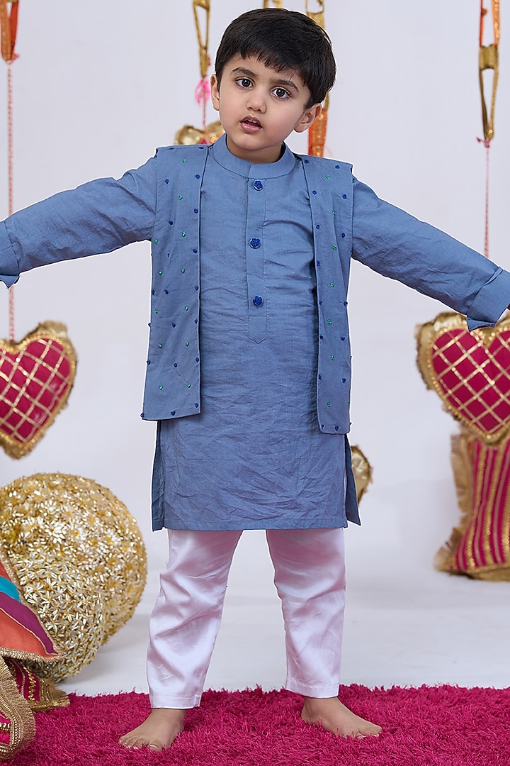 Blue Cotton Handwork Bundi Jacket Set For Boys by Vivedkids at Pernia's Pop Up Shop