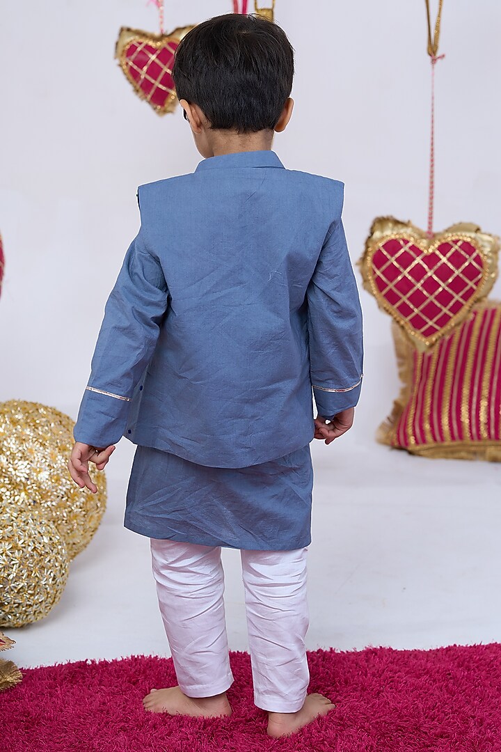 Blue Cotton Handwork Bundi Jacket Set For Boys by Vivedkids at Pernia's Pop Up Shop