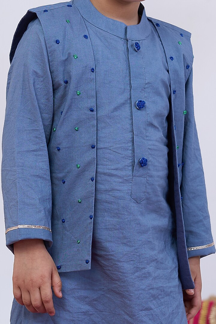 Blue Cotton Handwork Bundi Jacket Set For Boys by Vivedkids at Pernia's Pop Up Shop