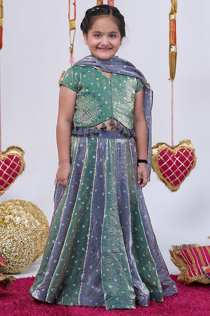 Grey & Green Bandhani Lehenga Set For Girls by Vivedkids at Pernia's Pop Up Shop