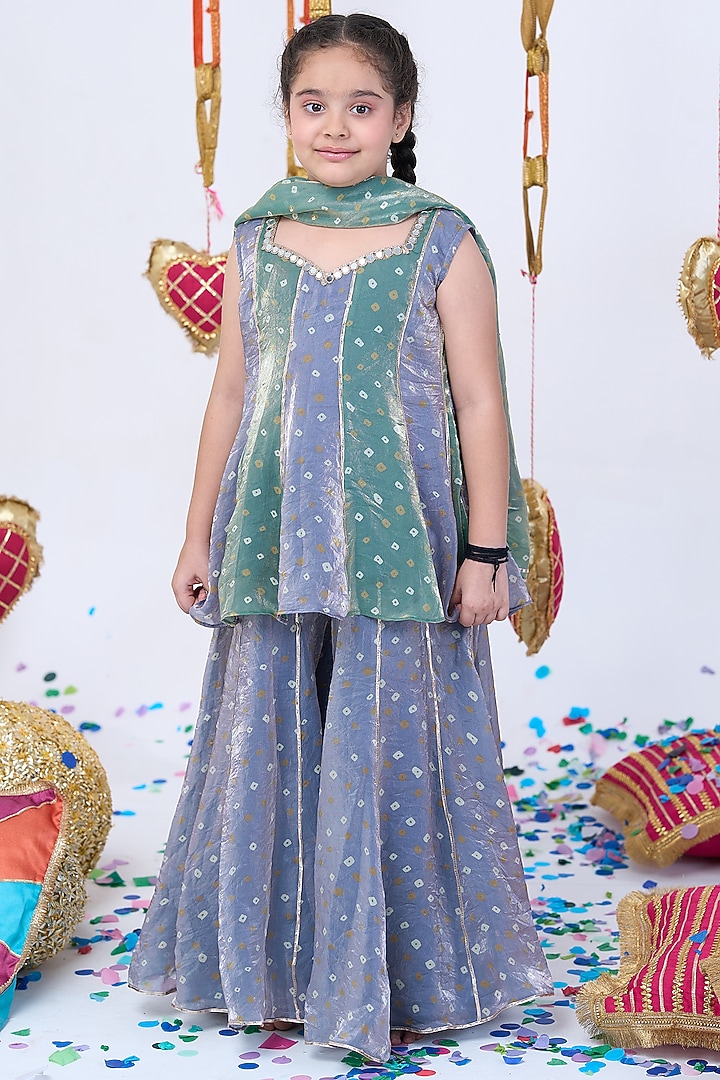 Grey & Green Bandhani Sharara Set For Girls by Vivedkids at Pernia's Pop Up Shop