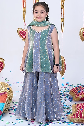 Grey & Green Bandhani Sharara Set For Girls by Vivedkids