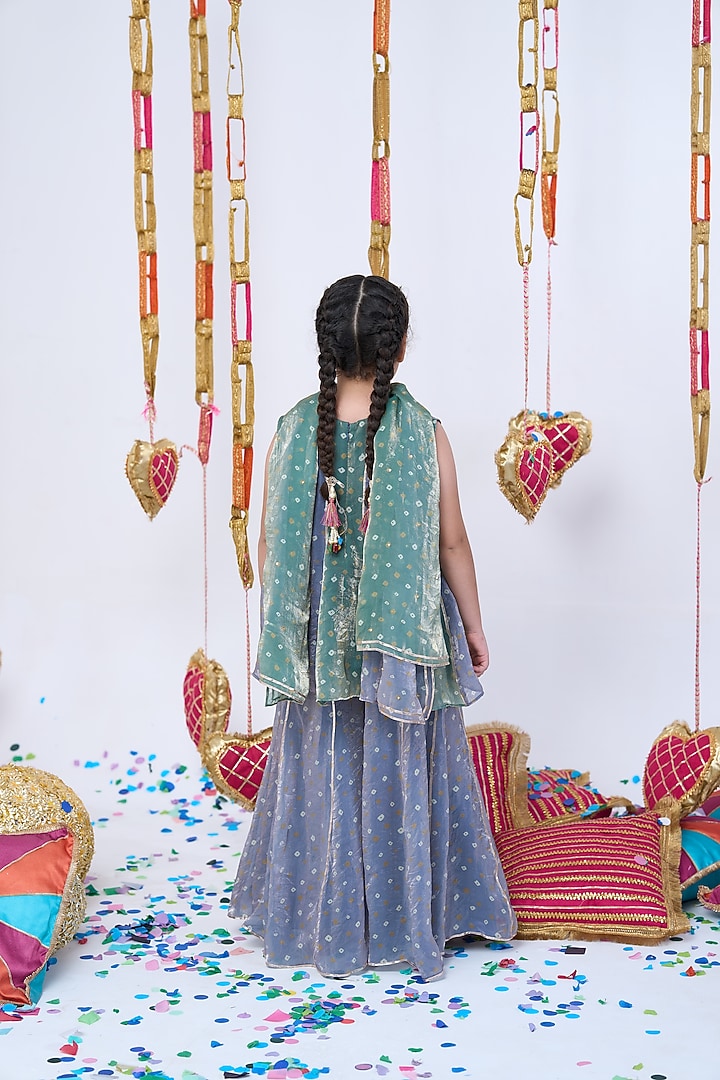Grey & Green Bandhani Sharara Set For Girls by Vivedkids at Pernia's Pop Up Shop