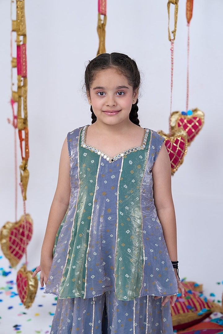 Grey & Green Bandhani Sharara Set For Girls by Vivedkids at Pernia's Pop Up Shop
