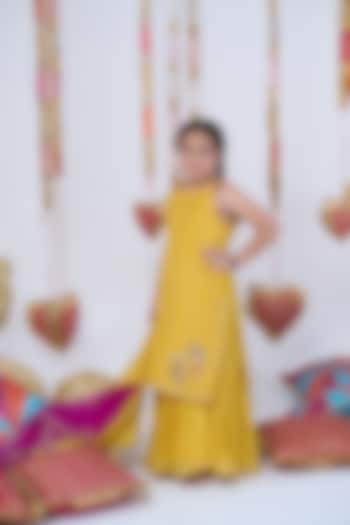 Yellow Crepe Embroidered Sharara Set For Girls by Vivedkids at Pernia's Pop Up Shop