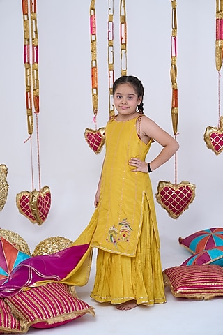 Yellow Crepe Embroidered Sharara Set For Girls by Vivedkids