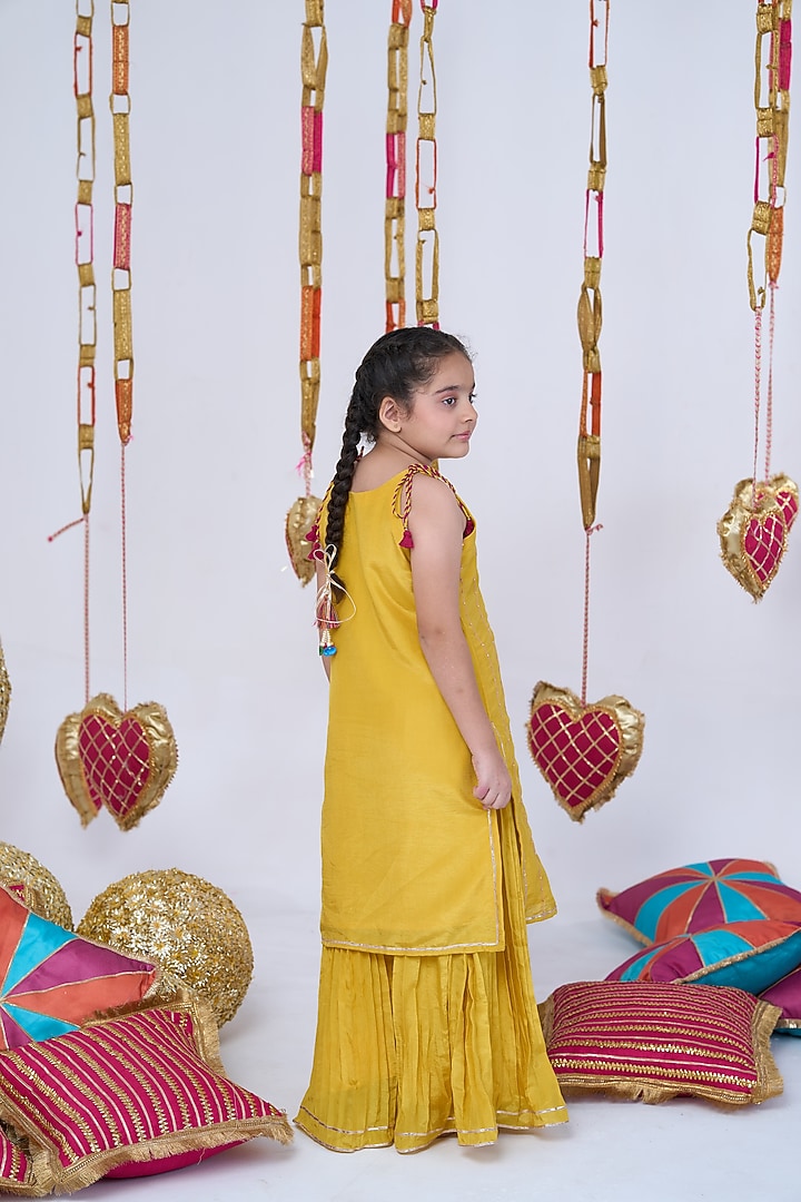 Yellow Crepe Embroidered Sharara Set For Girls by Vivedkids at Pernia's Pop Up Shop